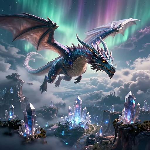 Digital fantasy artwork of a blue, winged dragon with glowing yellow eyes soaring above a crystal-filled, ethereal landscape under vibrant auroras.