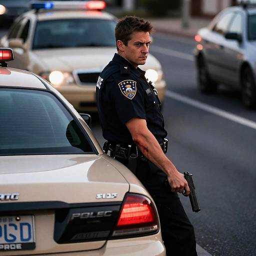 Intense Police Officer in Dusk Setting