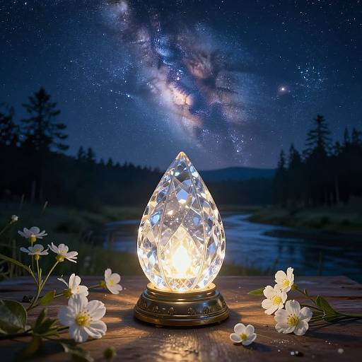 Photograph of a crystal geode lamp glowing brightly, surrounded by white daisies, under a starry night sky with the Milky Way.