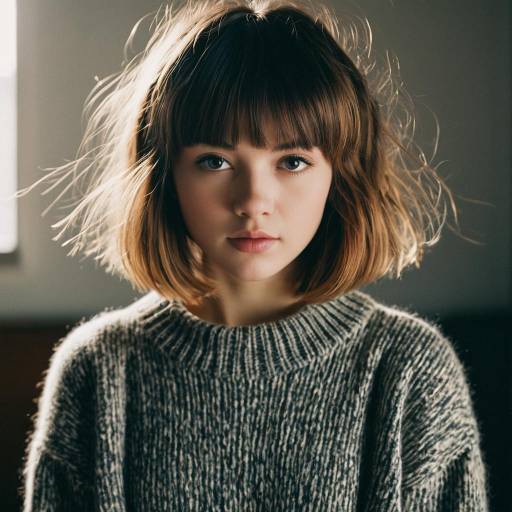 Young woman with blended bangs hairstyle indoors
