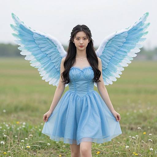 Photograph of a young Asian woman with long black hair, wearing a light blue dress and large, translucent blue angel wings, standing in a grassy