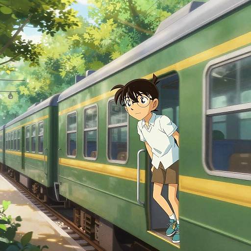 Curious Boy Leaning from a Green Train