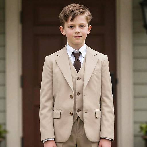 Photograph of a young boy with light brown hair, wearing a beige three-piece suit, white shirt, and black tie, standing in front of a