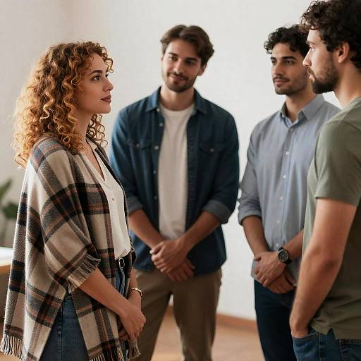Curly Blonde Woman Among Three Men