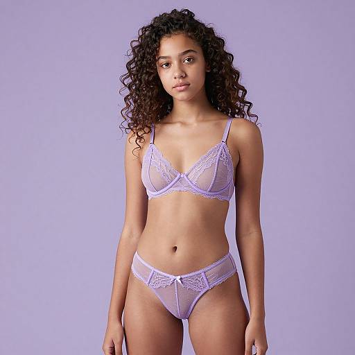 Photograph of a young woman with curly dark hair, wearing lavender lace bra and panty set, standing against a solid light purple background.