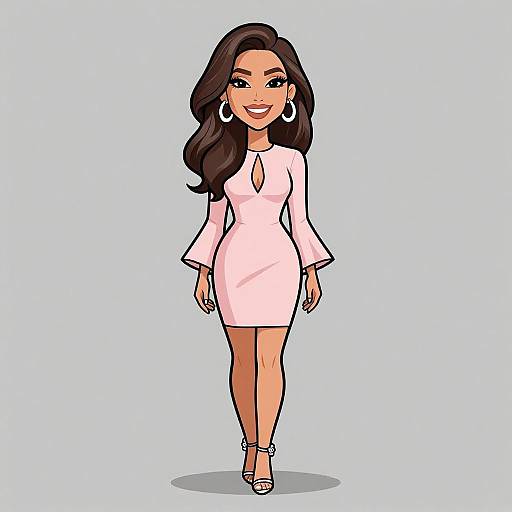 Digital illustration of a confident woman with long, wavy black hair, wearing a white, long-sleeve, short dress with a keyhole neckline