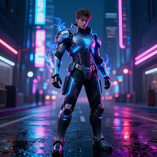 Cyberpunk CGI image of a muscular man in futuristic black armor with blue neon accents, standing confidently on a neon-lit, rain-soaked city