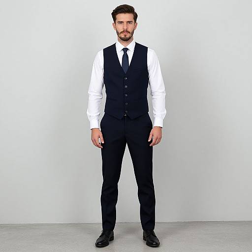 Photograph of a handsome man with short brown hair and beard, wearing a white shirt, black vest, black tie, and black pants, standing against