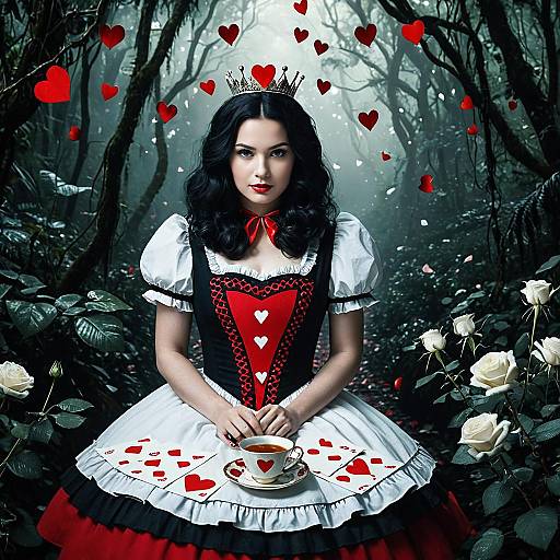 Woman as Queen of Hearts in Enchanted Forest