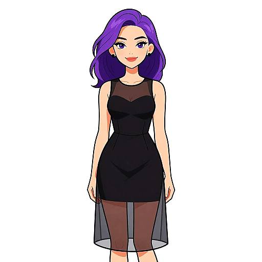 Digital anime-style drawing of a purple-haired woman with fair skin, wearing a sleeveless black dress and sheer black skirt, standing against a white background.