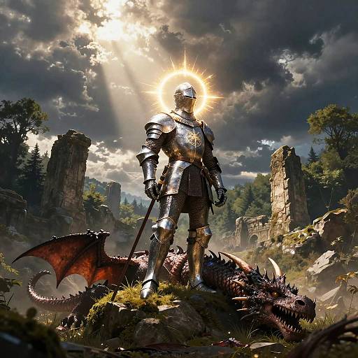 Digital fantasy artwork of a sun haloed, armored knight standing victorious over a slain dragon amidst ruins and a cloudy sky.