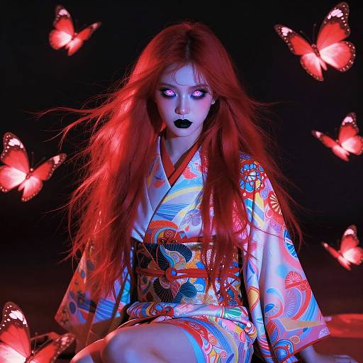 Photograph of a pale woman with long red hair, black lipstick, wearing a vibrant, patterned kimono, surrounded by glowing red butterflies against a