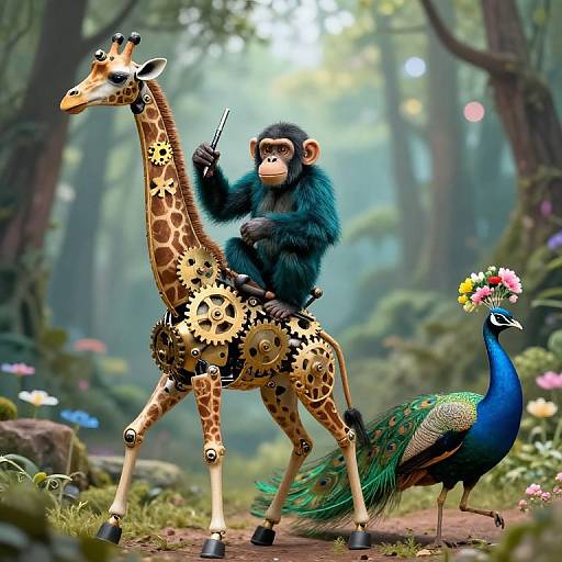 Photorealistic digital art: anthropomorphic monkey conductor riding gear-driven giraffe, accompanied by peacock with flower crown, in enchanted forest.