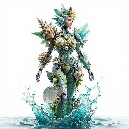 Digital art of a futuristic, female warrior with intricate, colorful armor, feathered headdress, and aquatic elements, standing in splashing water.