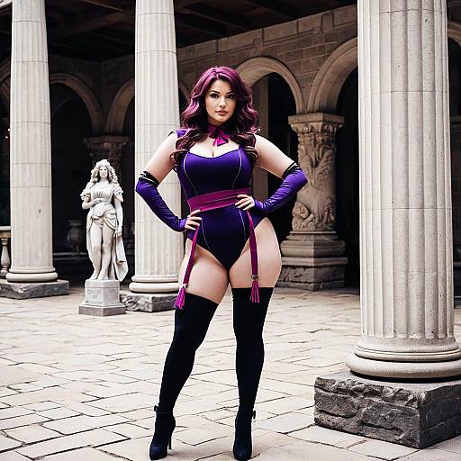 Curvy Woman in Violet Cosplay Bodysuit in Stone Courtyard