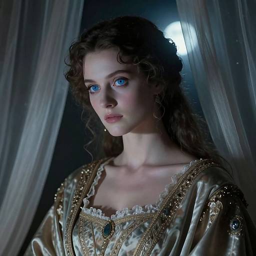 Photograph of a fair-skinned woman with blue eyes, curly brown hair, and an ornate, gold-embroidered, cream-colored dress