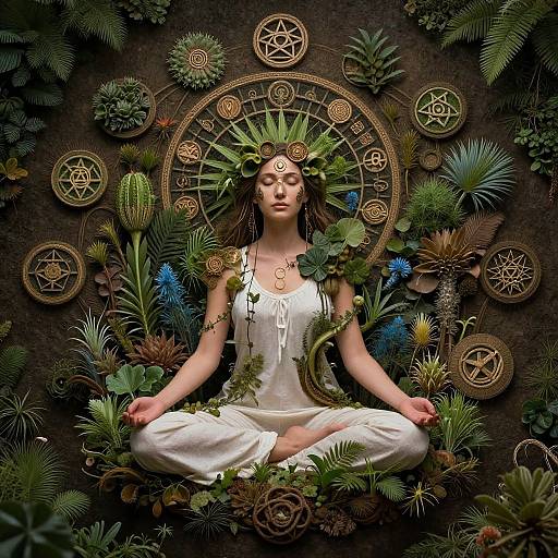 Digital art of a serene, fair-skinned woman in white, sitting cross-legged, surrounded by plants and mystical symbols, wearing a leafy crown,