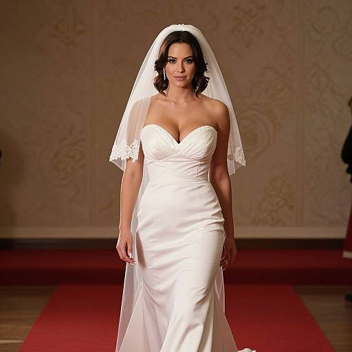 Photograph of a beautiful woman with dark hair in a strapless, white satin wedding dress and lace veil, walking down a red carpeted runway against