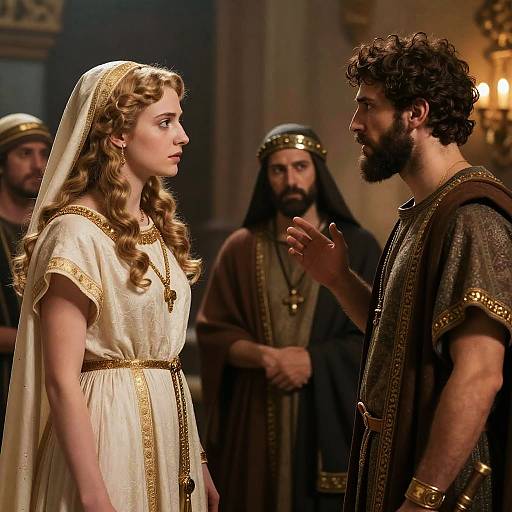 Photograph of a dramatic scene: curly-haired woman in white and gold ancient Roman dress faces bearded man in brown tunic, both gesturing,