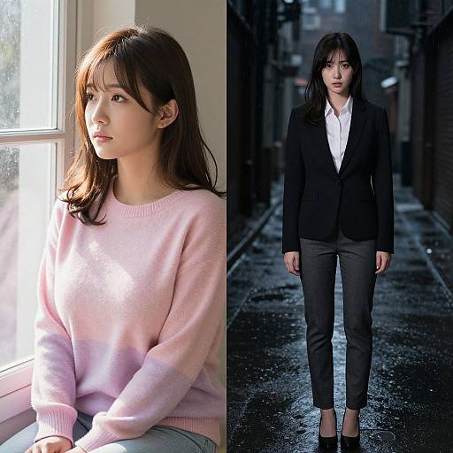 Photograph split: left, young Asian woman in pink sweater by window, soft light; right, same woman in black blazer, white shirt,
