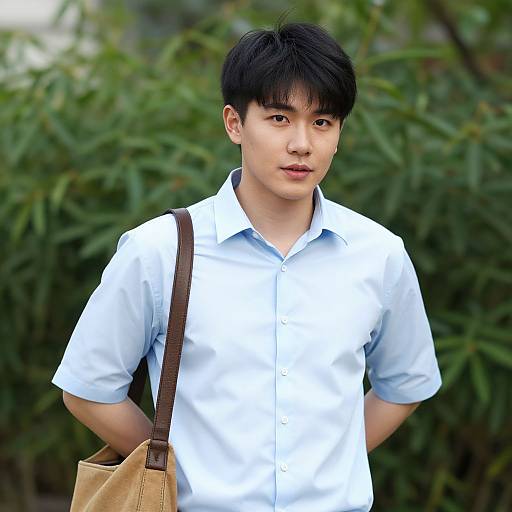 Photograph of an Asian teenage boy with short black hair, wearing a light blue shirt, brown shoulder bag, standing in front of green foliage.