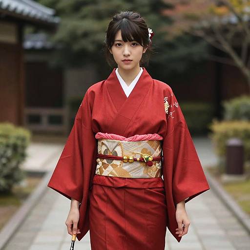 Young Woman in Red Kimono Outdoors