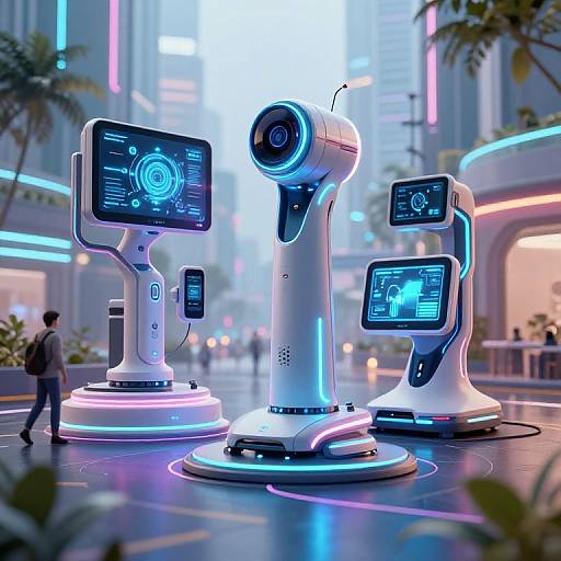 Photorealistic CGI of a futuristic city street with four glowing, white, cylindrical robots featuring screens displaying holographic interfaces. Neon lights and blurred background enhance