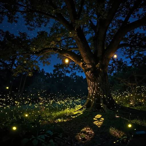 Photograph of a dark blue evening forest scene with a large tree, illuminated by hanging lanterns and scattered fairy lights.