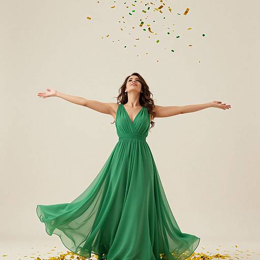 Photograph of a woman with wavy brown hair, wearing a flowing green dress, arms outstretched, smiling, surrounded by falling gold and green