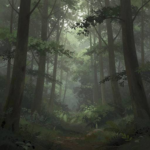 Digital painting of a dense, misty forest with tall, dark trees, lush green foliage, and a sunlit path in the background.