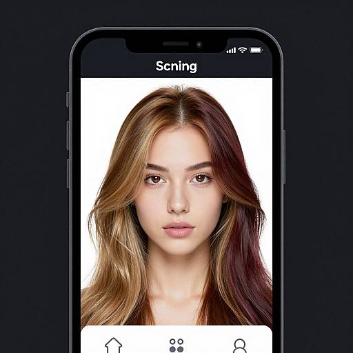 Photograph of a young woman with long, wavy brown hair and fair skin, centered on a black smartphone screen with 