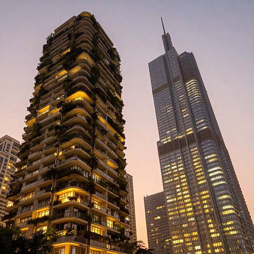 Twilight Urban Skyscrapers with Greenery