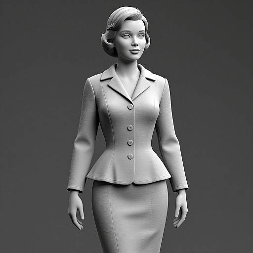 Digital grayscale sculpture of a stylish woman with short, wavy hair, wearing a tailored blazer and pencil skirt, standing against a dark gradient background.