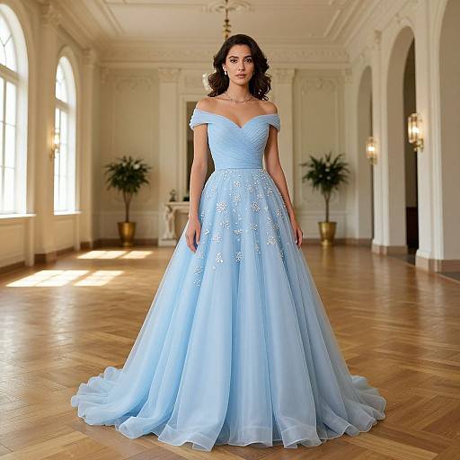 Photograph of a beautiful woman with wavy brown hair in an off-shoulder, light blue, intricately embroidered ball gown, standing in a
