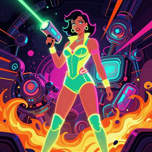 Neon-lit, futuristic illustration of a confident woman with glowing green outfit, black hair, wielding a laser gun, standing amidst vibrant flames and robotic