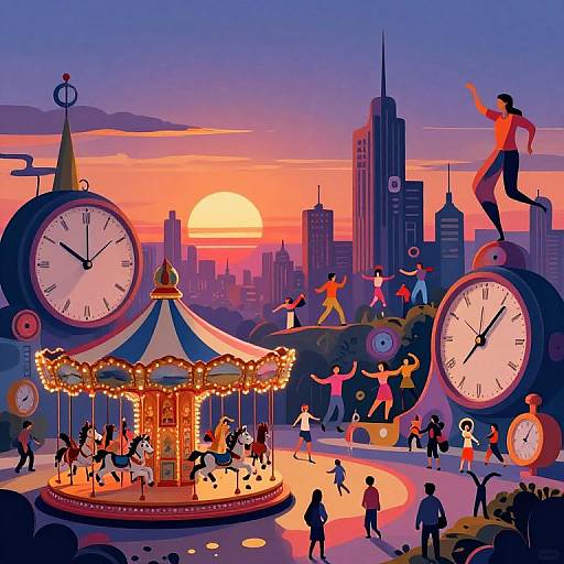 Illustration: Vibrant sunset cityscape with giant clocks, carousel, and joyful people dancing, jumping, and playing, set against a modern skyscraper