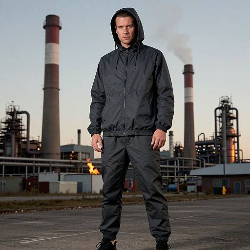 Photograph of a serious, young man in a black hooded jacket and pants standing in front of an industrial factory with tall smokestacks and visible