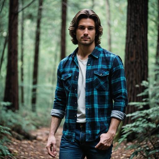 Confident Young Man in Flannel Shirt in Forest
