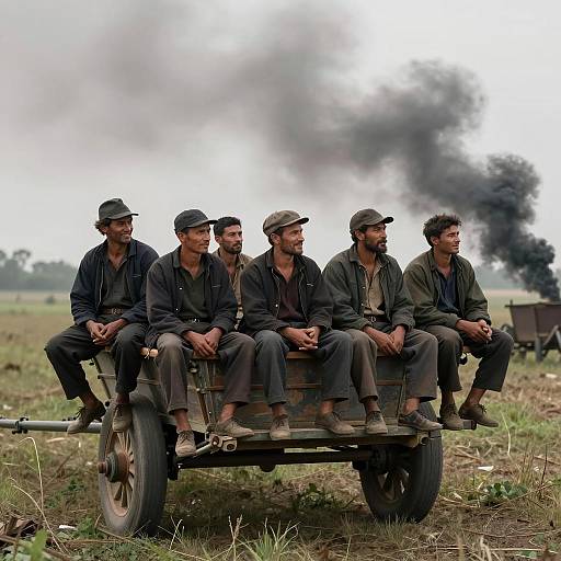 Men on Wagon in Grassy Field