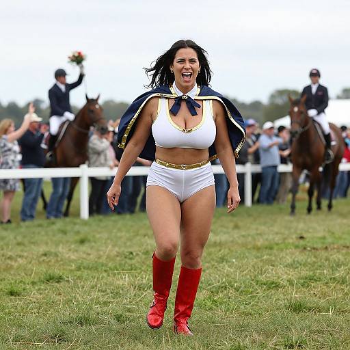 Photograph of a smiling, dark-haired woman in white crop top, shorts, red boots, and navy cape, running on grassy field with spectators