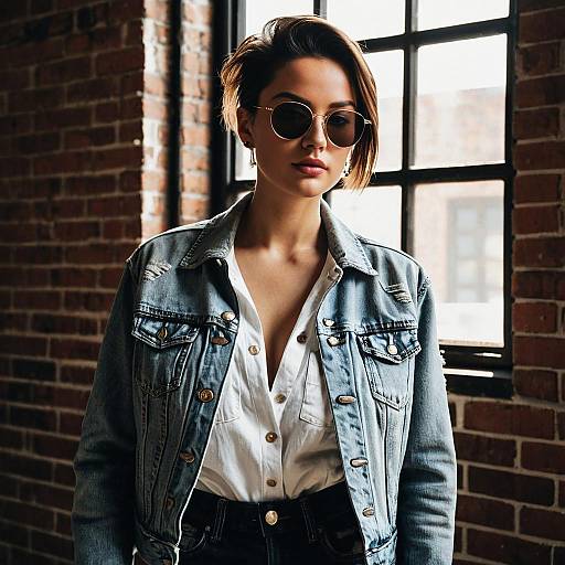 Confident Woman in Denim Jacket and Sunglasses
