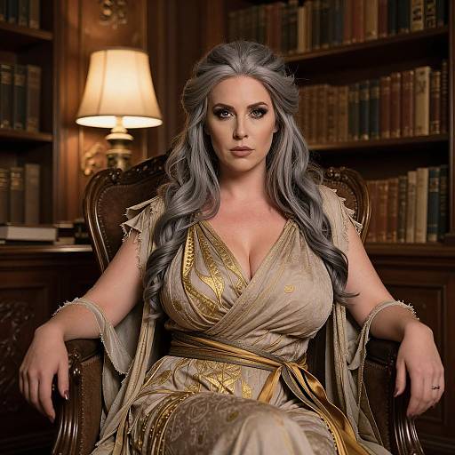 Photograph of a statuesque woman with long, wavy gray hair, large breasts, and a golden-embellished beige dress, seated in