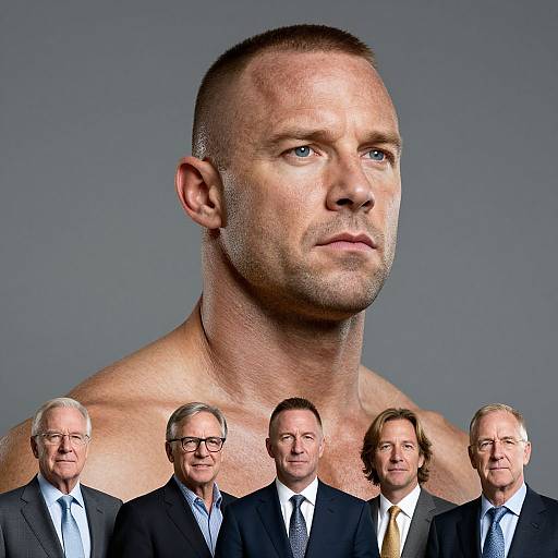 Photograph of six men in suits, with a large, muscular, shirtless man's head in the background, blue-grey backdrop.