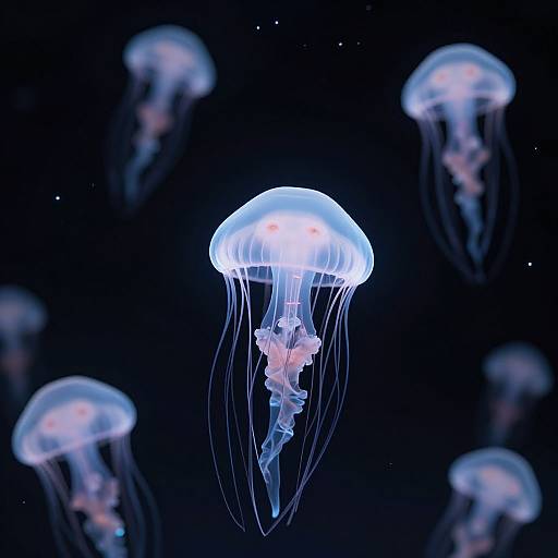 Photograph of glowing blue jellyfish with translucent bell-shaped bodies and trailing tentacles, floating against a dark, star-speckled ocean background.