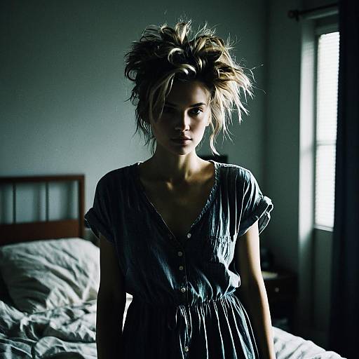 Woman with Messy Hair in Casual Dress