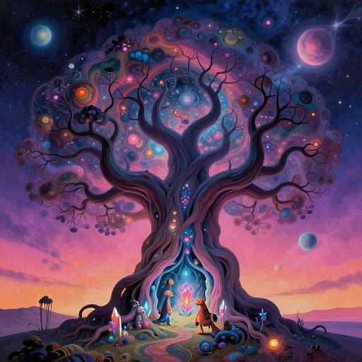 Whimsical digital art of a cosmic tree with glowing orbs, colorful planets, and mythical creatures under a pink-purple twilight sky.