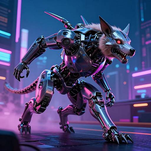 Cybernetic werewolf with glowing red eyes and metallic limbs prowls neon-lit futuristic city street, surrounded by vivid pink and blue lights.