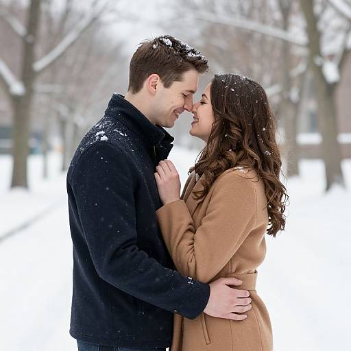 Photograph of a smiling couple in winter attire, facing each other closely, with the man in a black sweater and the woman in a brown coat,