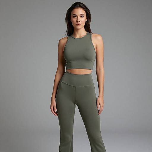 Photograph of a fit, young woman with long dark hair, wearing a green sports bra and matching high-waisted leggings, standing against a plain