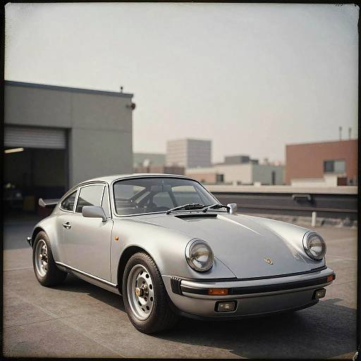 Photograph of a silver classic Porsche 911 parked on a rooftop, with industrial buildings and a clear sky in the background.
